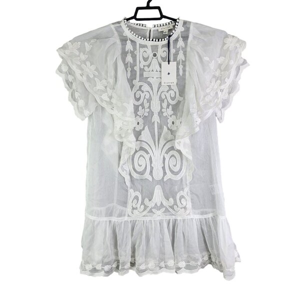 Stellah Tops - Womens White Stellah Blouse Top Lace Flutter Ruffle Sleeve Relaxed Embroidered M